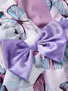Set de 3 piezas de ropa de primavera/verano para niñas, incluye body con moño, vestido con estampado de mariposa y falda de tirantes, adecuado para fiestas, uso en casa y al aire libre - Morado Violeta - Ver 5