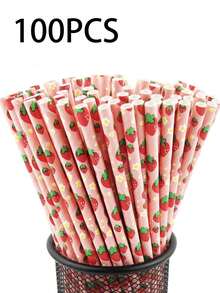 100/50/25pcs Strawberry Patterned Paper Straws, Disposable Drinking Straws, Suitable For Girls' Birthday Party, Baby Shower, Summer Berry Theme, 1st Birthday Party Supplies - Multicolor - View 13
