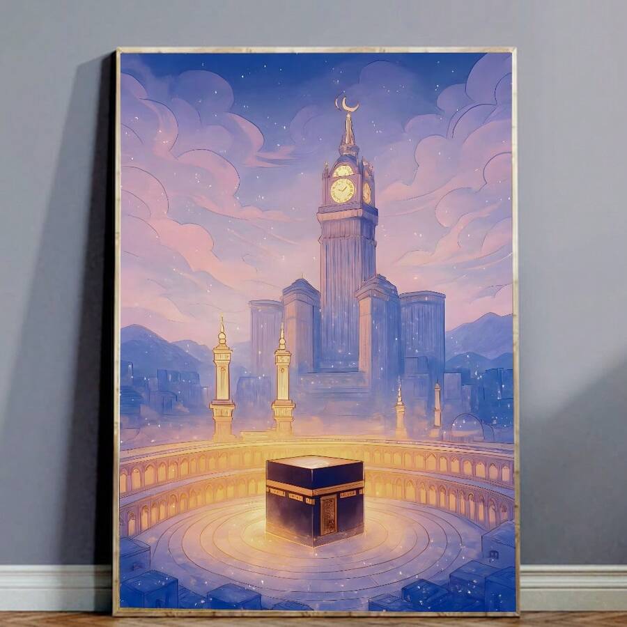 Tranh nghệ thuật treo tường phong cách Hồi giáo đêm huyền ảo & Tháp đồng hồ Mecca, tranh vẽ trên vải canvas theo phong cách Anime, tranh trang trí tâm linh cho nhà bếp, phòng khách, phòng ngủ, phòng làm việc tại nhà, quà tặng cho phái nữ, có thể mua không khung hoặc có khung. - Nhiều màu - Xem 1