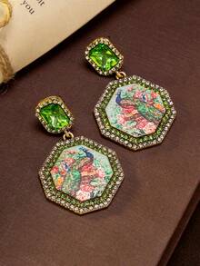 1 Đôi bông tai cổ điển đính đá pha lê màu xanh lá cây hình đa giác họa tiết con công, kiểu dáng thời trang và thanh lịch, phù hợp cho phụ nữ đeo hàng ngày, dự tiệc khiêu vũ, tiệc chiêu đãi, lễ hội và làm quà tặng cho mẹ. - màu xanh lá - Xem 3