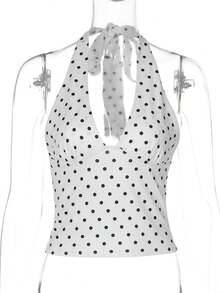 1 Piece White Polka Dot Tie Detail Halter Top, Sexy Chic Backless Open Back Crop Top For Women, Perfect For Party, Date Night And Vacation - 白色 - 查看 4