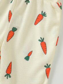 1件女婴复活节休闲可爱杏色针织吊带方领刺绣胡萝卜印花连体衣，配喇叭裤，夏季 - 杏色 - 查看 6