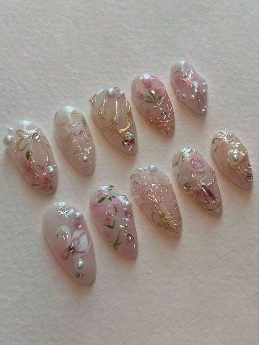 10Pcs Handmade European & American Style Nail Stickers With Heart, Star, Pearl, Bow Decor - Glossy Nude & Black Dual Color, Short Almond Shape, Elegant Design Artificial Nails Suitable For Women & Girls. Includes 1Pc Gel Polish & 1Pc Nail File. Valentine'S Day Press On Nails Nail Supplies Nails(Random Delivery) - 隨機的 - 查看 1