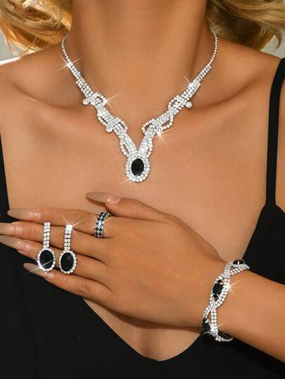 4pcs/5pcs/Set Elegant And Fashionable Jewelry Set, Including Necklace, Earrings, And Bracelet, With Rings Adorned With Sparkling Rhinestones, Suitable For Weddings, Parties, And As Festive Gifts