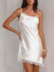 Women's Satin Mini Dress Elegant Solid Color Lace Trimmed Sleeveless Spaghetti Strap Dress For Party Date Night Wear - 白色 - 查看 4