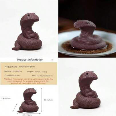 Hand-Made Tea Pet Snake For Kung Fu Tea Tray Decor, Funny Cute Purple Clay Statue, Ideal For Home Office Desk, Feng Shui Ornament, Lover's Gift