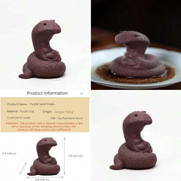 Hand-Made Tea Pet Snake For Kung Fu Tea Tray Decor, Funny Cute Purple Clay Statue, Ideal For Home Office Desk, Feng Shui Ornament, Lover's Gift