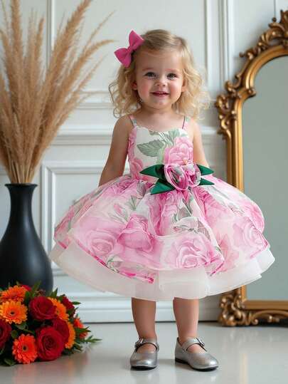 女婴无袖3D立体印花欧根纱可爱蓬蓬裙，适合一周岁生日派对，不含发带