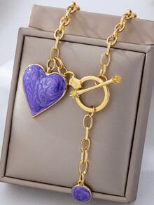 1件 时尚3D合金涂层凸面紫色心形金色水滴吊坠项链 - 紫丁香色 - 查看 6