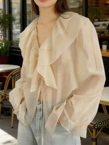 Ins Hot Apricot Sheer Organza Blouse Women's Ruffled V-Neck Tie Front Long Sleeve Top, Elegant Loose Fit Frill Trim Shirt For Daily Streetwear Date, Soft Transparent Chiffon Blouse Match Jeans Skirts, Spring Summer Autumn French Style Casual Blouses - Khaki - View 2
