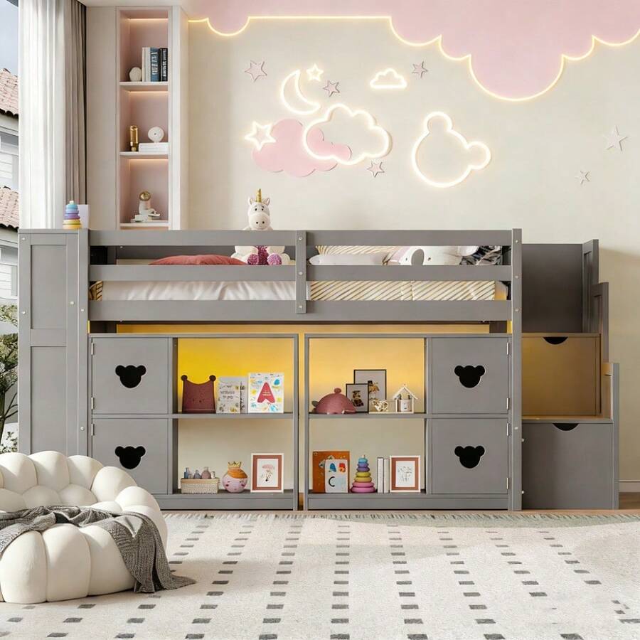 Low Loft Bed For Teens & Adults, Twin Size With Storage Staircase, Shelves, And Built-In Headboard, Space-Saving Design In Modern Gray Finish,Mattress Not Included - 灰色 + 雙人床 - 查看 1