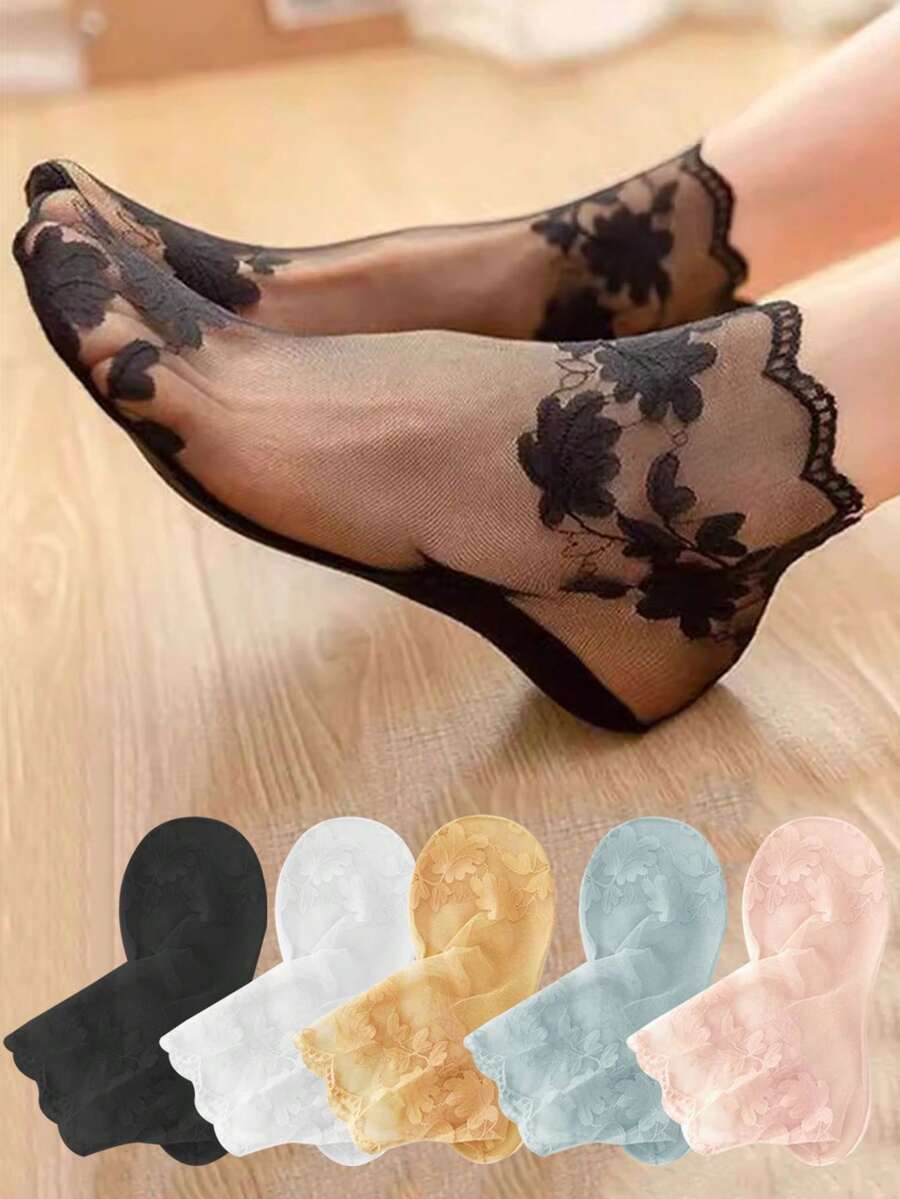 5双装女士夏季透气弹力薄款叶子图案船袜，薄款透明蕾丝隐形袜，洛丽塔风格圣诞礼物