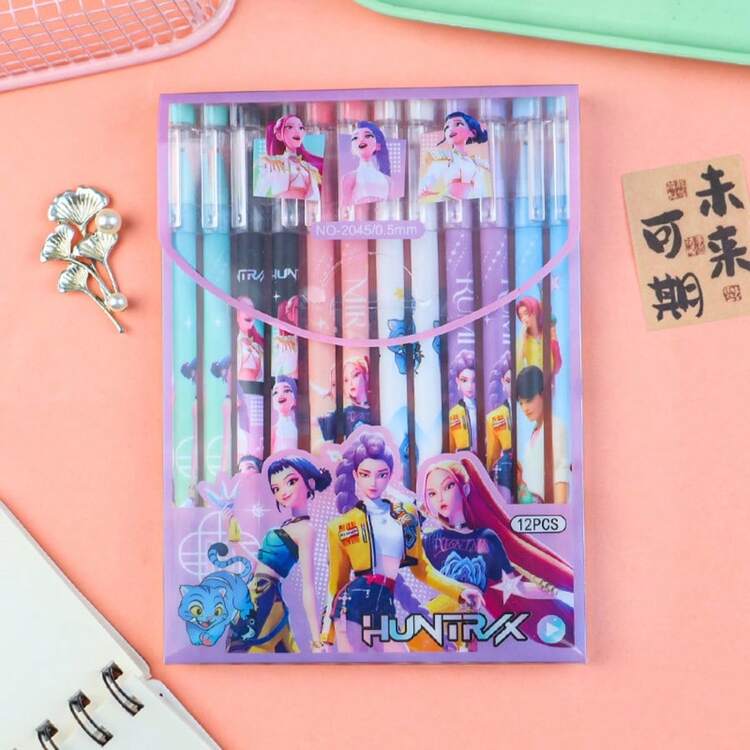 Mattel 12pcs Cartoon Anime Demon Hunting Witch Star Character Erasable Gel Pen Set, 12-Piece Box Of Heat-Sensitive Erasable Pens For Students, Suitable For Kindergarten, School, Children, Teens, Adults, Boys And Girls, Home And Classroom Writing, General Writing, Note-Taking, Ballpoint Pen, Gel Pen Stationery Writing Set, Holiday Stationery Gift - Multicolor - View 9