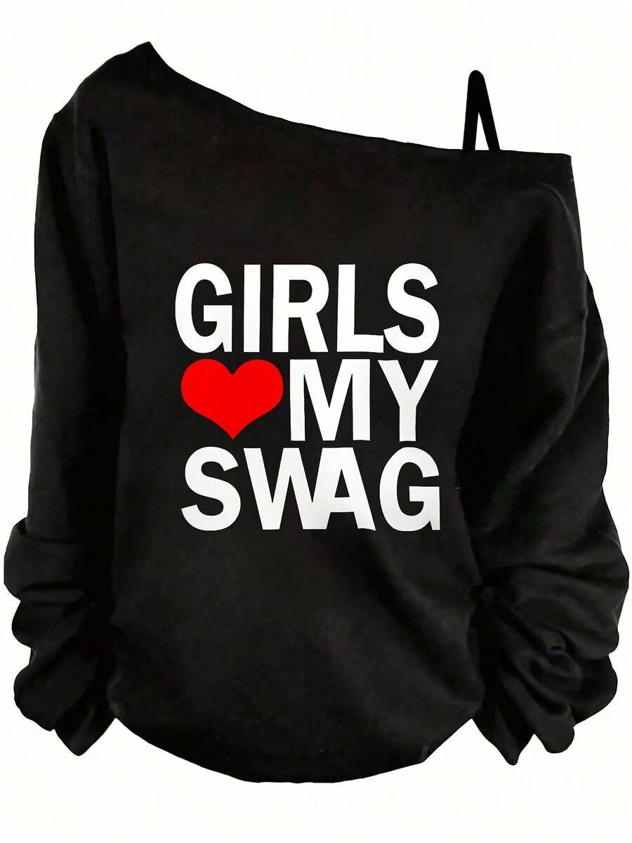 Valentine Outfits For Women, Girls My Swag, Off The Shoulder Long Sleeve Top, Casual Style, Date Night, Spring Vibes, Essentials Hoodie,Summer Outfits For Women,Spring Tops - 黑色 - 查看 1