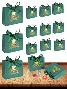 10PCS/1PC/Small Graduation Gift Bag/Box [With Ribbon], Suitable For Small Items. Perfect For Holiday Parties And Graduation Seasons. - Dark Green With Dark Green Ribbon [Graduation Cap] - View 8