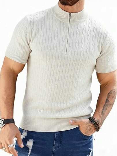Suéter de manga corta de punto de unicolor con media cremallera para hombre, casual y versátil para el transporte, primavera/verano