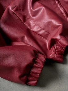 Men's Faux Leather Logo Print Zip-Up Jacket, Streetwear Motorcycle Style Outerwear - Red - View 5