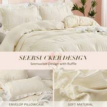 Cream White Seersucker Duvet Cover Set Double Size Ruffled Trim 3pcs Microfiber Bedding Set - Wrinkle-Resistant And Lightweight Design With Hidden Zipper Double 200x200cm - CreamWhite - View 7