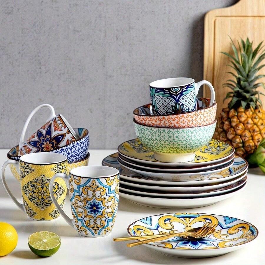 Moroccan Style Dinner Set - 16/12pcs Porcelain Dinnerware Set Crockery With 26.67 Cm Dinner Plate 20.32 Cm Dessert Plate 23oz Bowl And 12oz Mug, Service For 4 - 茉莉花色 16 件裝 - 查看 1