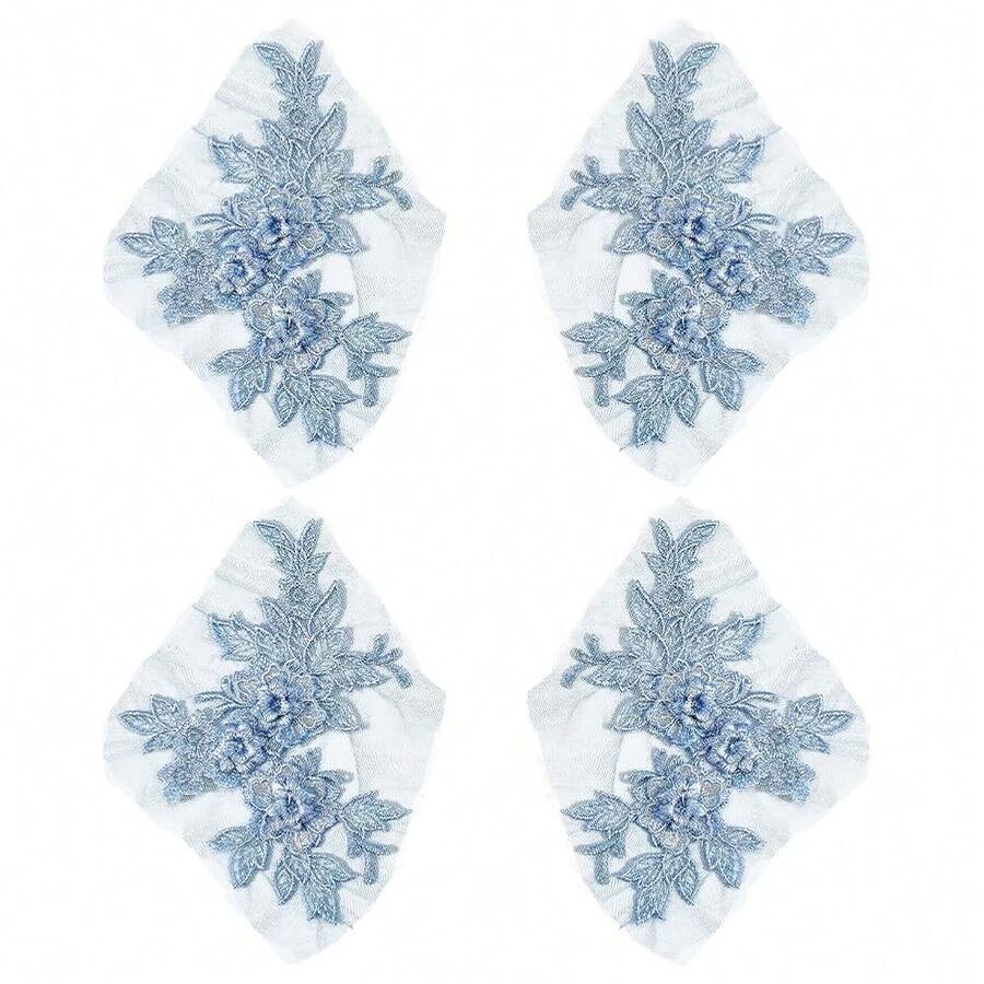 4Pcs 3D Blue Flower Lace Applique Floral Embroidery Vintage Appliques Polyester Soild Embroidered Trim Sew On Patches Bulk For Sewing MaFKing Dresses Clothes Gowns Wedding Bridal Costumes - Blue - 查看 1