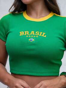 Baby Look Blouse Brazil Embroidered Stars Ribbed World Cup 2026 Vibe Contrasting Waist Beach Vacation - màu xanh lá - Xem 1