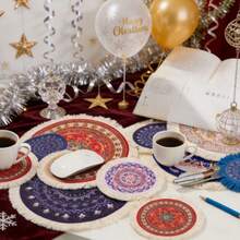 1个复古艺术流苏圆形桌垫，波西米亚风格，新年、情人节、斋月派对餐桌必备 - 彩色 - 查看 3