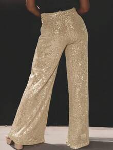Women's Sequin Patchwork Casual Versatile Wide Leg Pants For Daily Wear - Champagne - View 2