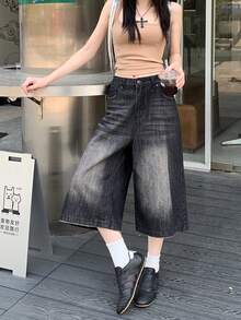 Casual Loose Retro Wide Leg Straight 7/8 Length Denim Shorts - Dark Grey - View 3
