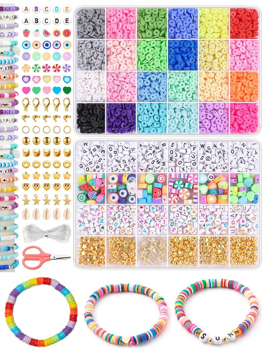 2400+配件盒软陶珠手链制作套装，24色友谊手链珠子，聚合物粘土珠子及珠宝制作吊坠，软陶珠子和吊坠套装，适用于DIY手工礼物、节日派对礼物，送给亲朋好友