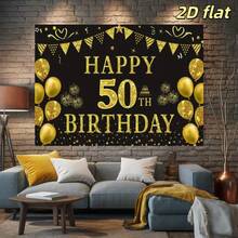 1 tấm, phông nền phẳng 2D, màu đen vàng, chúc mừng sinh nhật lần thứ 50, làm bằng vải polyester, có hình bóng bay, biểu ngữ và pháo hoa, dùng để trang trí tiệc sinh nhật lần thứ 50, tiệc nghỉ hưu, kỷ niệm, các dịp lễ trọng đại, phông nền sinh nhật, lễ kỷ niệm sinh nhật, tiệc lễ hội, trang trí bàn bánh, trang trí tường, trang trí nhà/vườn/trong nhà/ngoài trời, đạo cụ phông nền chụp ảnh, đồ dùng/quà tặng trang trí tiệc. - Nhiều màu - Xem 7