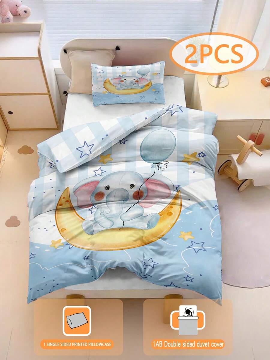 2PCS Moonlight Elephant . Starry Sky Theme Bedding Set Children's Bedding Set, 100% Polyester, 3D Double-Sided Printed Anime Cartoon Children's Bedding Set, Suitable For Both Boys And Girls (1 Single-Sided Printed Pillowcase+1 Double-Sided Printed Duvet Cover, Without Padding), Suitable For Gift Giving, Suitable For Children's Rooms - Multicolor - View 1