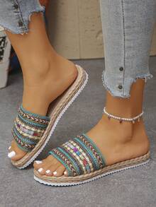 1 Pair Bohemian Style Woven Rope Sole Flat Sandals, Comfortable & Lightweight, Strap Peacock Blue Color, Suitable For Vacation, Daily Wear, Beach, Summer - Peacock Blue - View 4