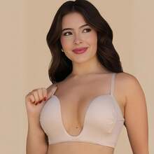 Sutiãn Decotado Com Bojo Push Up Decote Profundo Em V Base Lateral Reforçada Levanta e Aumenta Modela E Realça Seios Efeito Mágico Acompanha Extensor - Bege - Visão 10