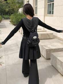 YCYC Kaos Lengan Panjang Berkerudung Kancing Motif Garis-garis Patchwork Gaya Korea Musim Gugur/Dingin untuk Wanita - Hitam - View 7