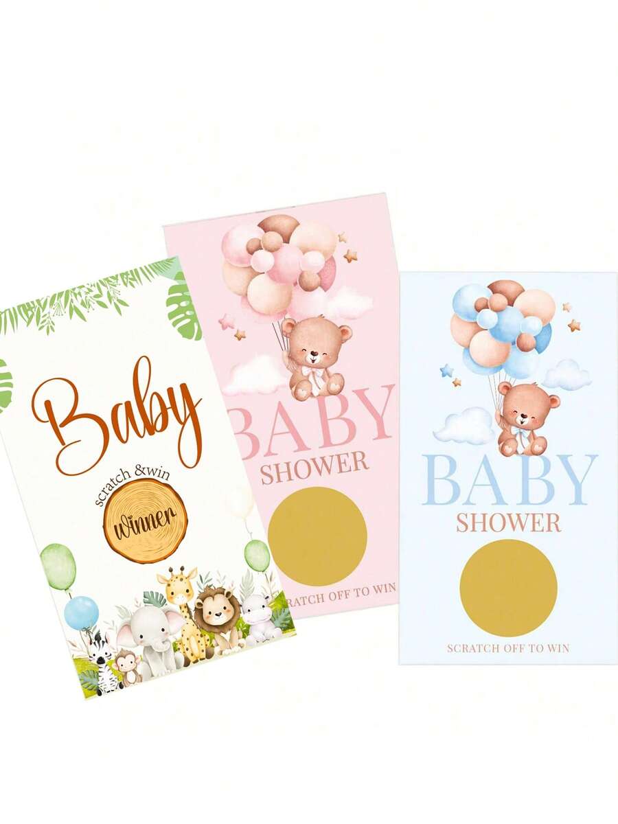 Baby Shower Scratch Cards Game, Gender Reveal Party Fun Raffle Tickets, Teddy Bear Balloon Pattern Cards, Newborn Celebration Interactive Game Props - Multicolor - View 1