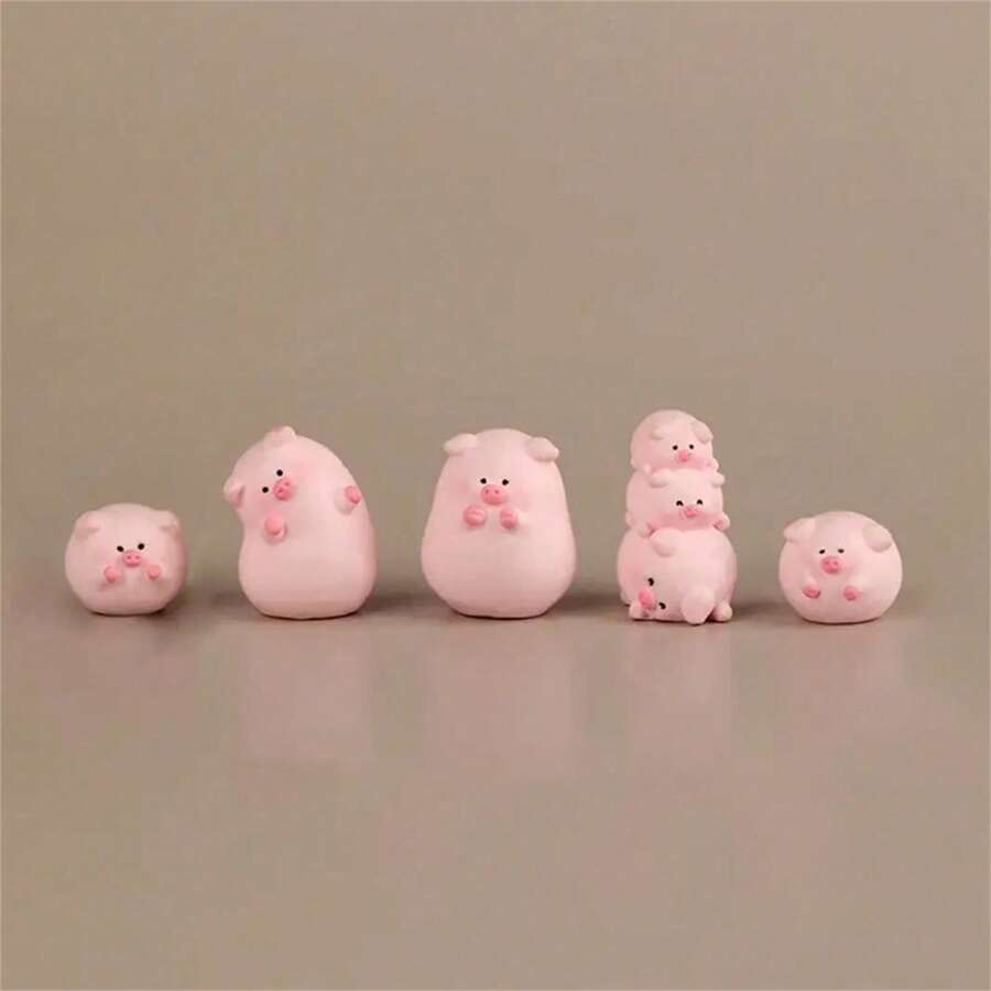 Pack Of 5 Whimsical Resin Pig Figurines | Cute Cartoon Tall And Short Pig Decorations | DIY Gardening & Tabletop Display | Micro Landscape, Miniature Figurines, Room Decor - 粉色 - 查看 1