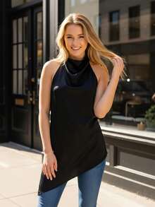 Women's Asymmetrical Halter Top Dressy Sleeveless Flowy Tank Tops Sleeveless Asymmetrical Halter Top High Neck Loose Fit Flowy Tank Top Backless Casual Dressy Blouse Shirts - 黑色 - 查看 4