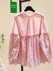 女士春季休闲度假日常通勤拼接蝴蝶结条纹印花荷叶边长袖衬衫 - 粉色 - 查看 2