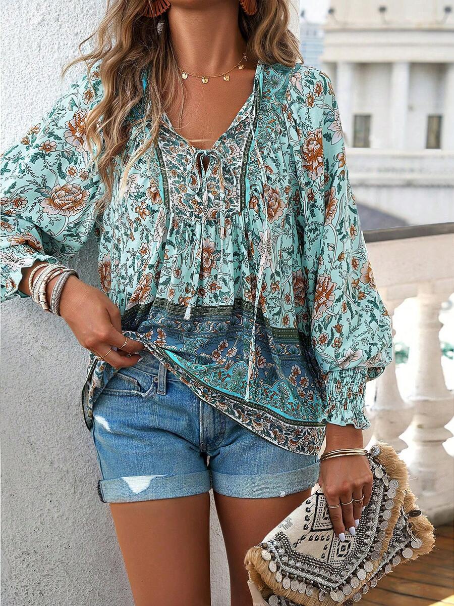 Women's Bohemian Print Long Sleeve Blouse, V-Neck Tie Front Casual Shirt, Lightweight Summer Top For Vacation Beach & Daily Outfits - 薄荷藍 - 查看 1