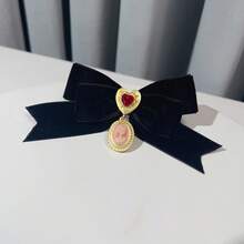 1pc French Court Retro Burgundy Velvet Heart Bow Brooch Autumn Winter Creative Light Luxury Bow Tie Women's Collar Accessories - 墨綠色 - 查看 6