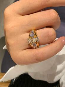 rundraw 1枚斋月必备新款几何立方氧化锆多层奢华铜金/银色可调节戒指，适合女性佩戴，适合派对、日常装扮，是节日和周年纪念日送给朋友和爱人的最佳礼物。 - 鋯石戒指 - 查看 5