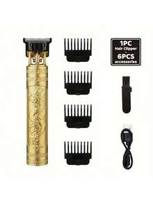 300mAh锂电池USB充电多功能理发器。小巧便捷，不锈钢刀片，刀片可水洗，包含4个修剪附件，机身压纹设计，底部隐藏式充电口，可精准修剪和造型，男女皆宜，适用于家庭和专业沙龙使用。