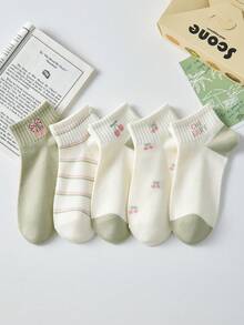 5 Paar Damen süße atmungsaktive Kirsche Schleife gestreifte kurze unsichtbare Socken, Knöchelsocken/Kniestrümpfe, weiße Socken, grüne Socken, geeignet für den täglichen Lässig-Stil, ganzjährig - Verschiedenfarbig - Übersicht 13