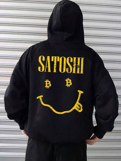 Men'S Bitcoin Joyful Face Hooded Sweatshirt| Black With Yellow Crypto Graphic, Relaxed Fit, Long Sleeve, Digital Heat Transfer, Casual All-Season Wear Cryptocurrency Enthusiasts, Urban Style