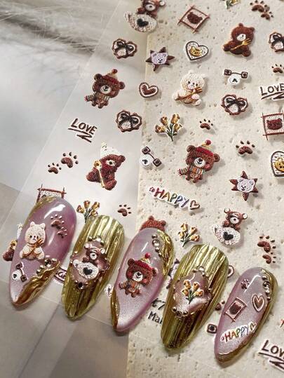 Beautizon Nailartlab Hình dán móng tay hình gấu 3D tự dính, lấp lánh, trang trí móng tay hình động vật hoạt hình dành cho nữ.