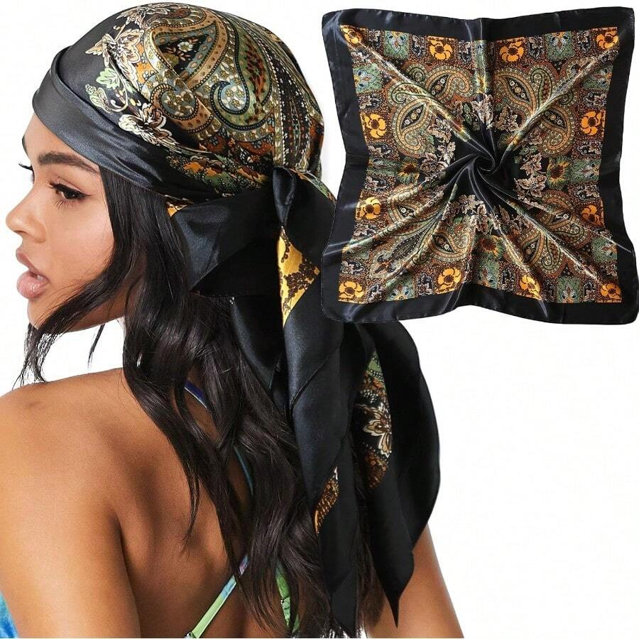 35" Large Satin Head Scarf For Women Silk Hair Scarf Solid Color Hair Bandana For Night Hair Wrap Sleeping - 焦糖色 - 查看 1