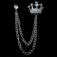 Elegant Gold Crown Brooch, Embellished With Rhinestones And A Chain – A Distinguished Suit Pin For Men's Weddings, Parties, And Formal Occasions. - Bạc - Xem 4