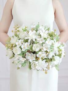 1件/3件装仿真6头牡丹丝花花束，新娘捧花材料，适用于家居、餐厅、花瓶装饰、婚礼装饰、背景幕布、婚车装饰（含DIY花环材料）、门廊装饰、花艺材料、情人节礼物、秋季装饰 - 白色 - 查看 7