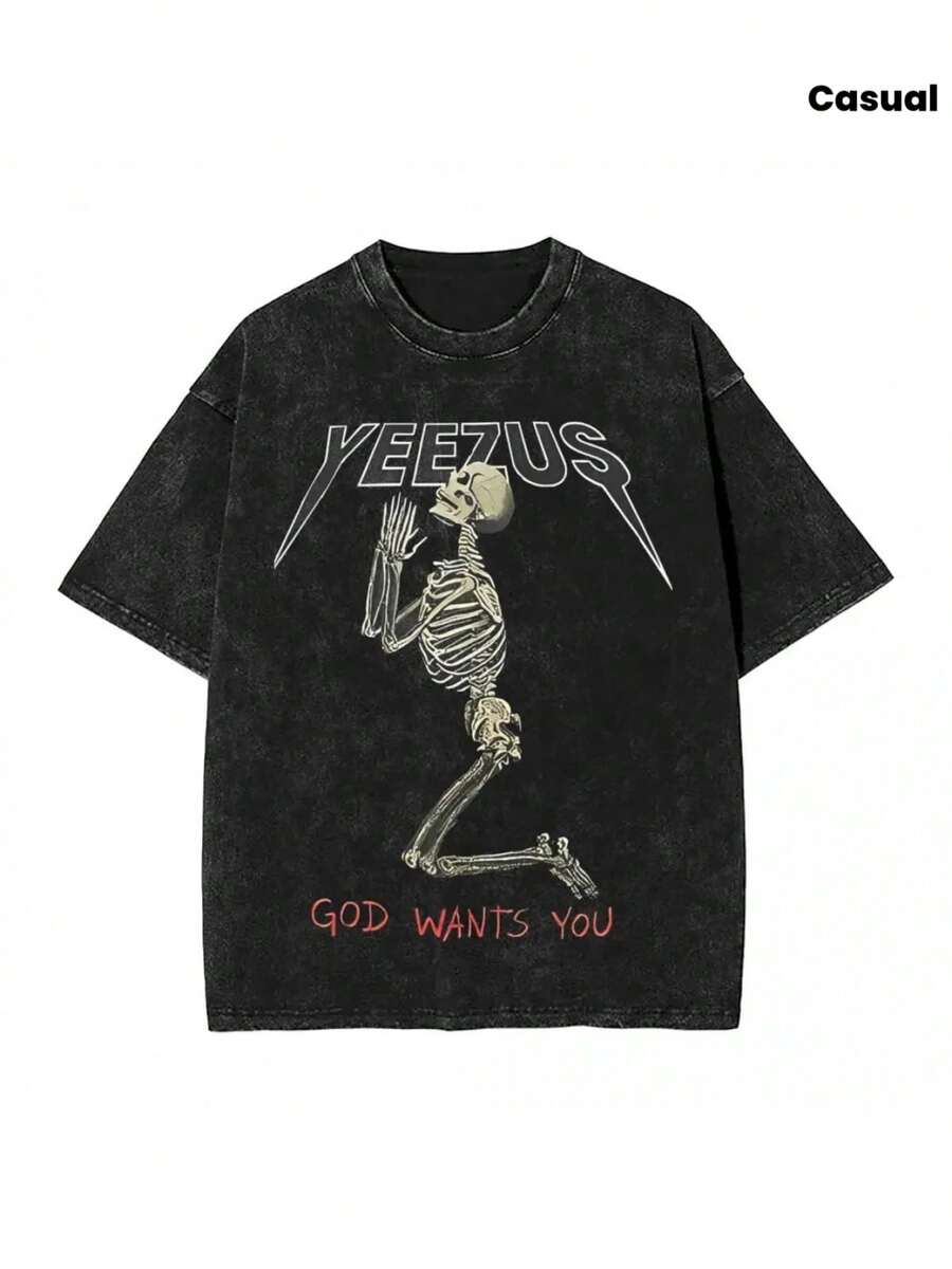 Featuring Distressed Vintage Finish,  Kanyee Washed T-Shirt Street Style Hip-Hop Retro T-Shirt God Wants You Unisex Sleeve Harajuku Summer Outfits For Men - màu đen - Xem 1