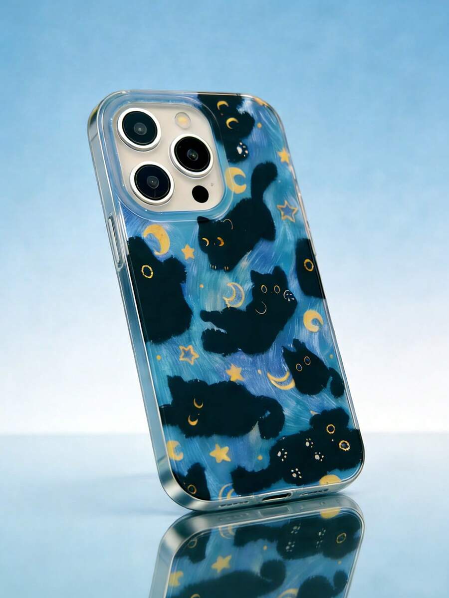 1 ốp lưng điện thoại thiết kế hình mèo bầu trời đêm, tương thích với iPhone 11/12/13/14/15/16/17/Pro Max - Màu xanh lam - Xem 1